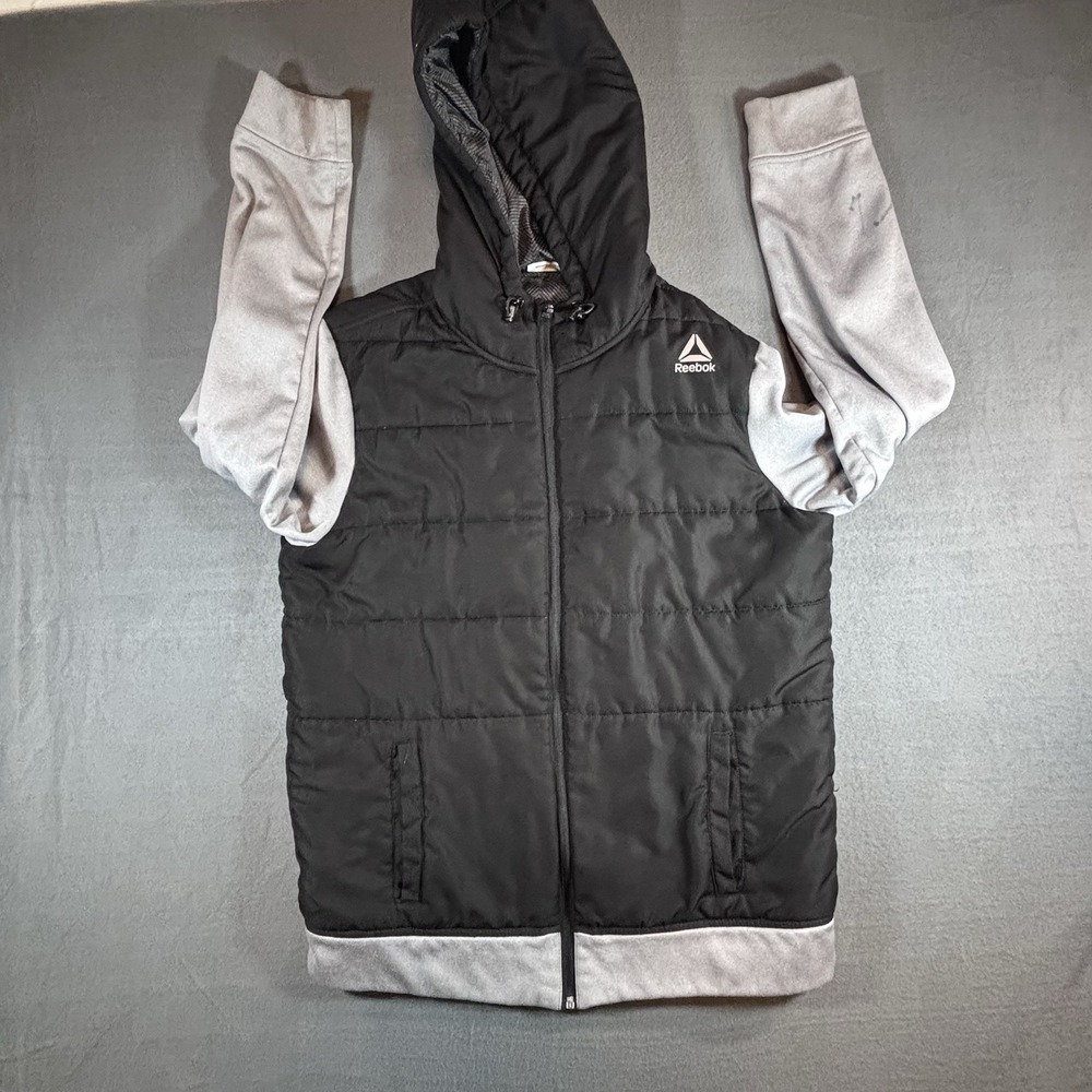 Reebok Hybrid Puffer Jacket Mens M Black Gray Polyester Gorpcore Hooded Flaw